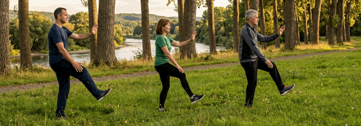 Zwei Männer, eine Frau führen Taiji im Park aus. Neben der Wiese stehen Bäume, durch ihre Stämme sieht man einen Fluß