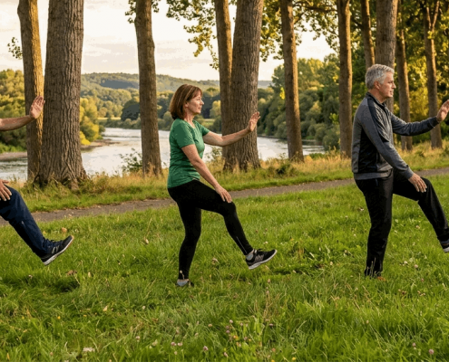 Zwei Männer, eine Frau führen Taiji im Park aus. Neben der Wiese stehen Bäume, durch ihre Stämme sieht man einen Fluß
