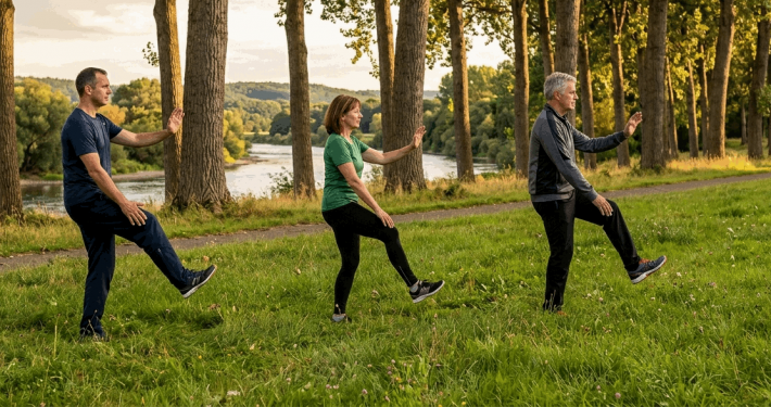 Zwei Männer, eine Frau führen Taiji im Park aus. Neben der Wiese stehen Bäume, durch ihre Stämme sieht man einen Fluß